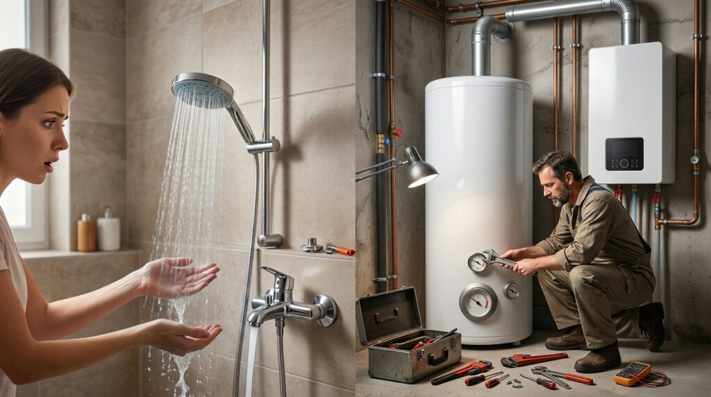 Frau erschrickt über kaltes Wasser aus der Dusche, Klempner repariert Boiler im Hintergrund