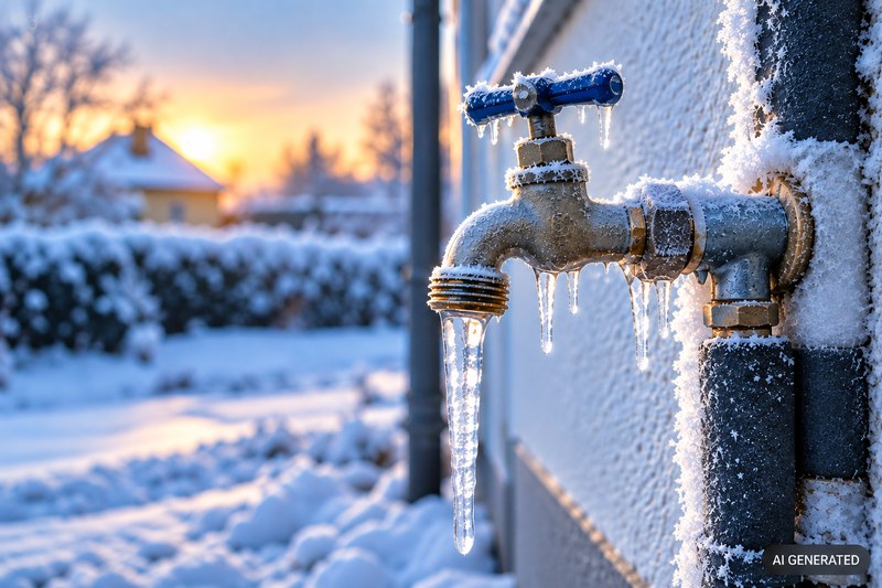 Eingefrorener Außenwasserhahn mit Eiszapfen an einer Hauswand im Winter (KI-generiertes Bild)