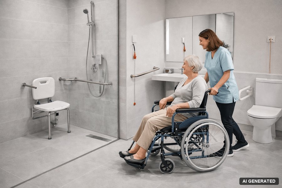 Pflegekraft schiebt eine ältere Frau im Rollstuhl durch ein barrierefreies Bad (KI-generiertes Bild)