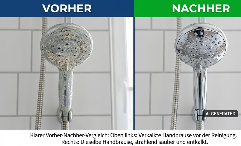 Vorher-Nachher-Vergleich eines verkalkten und eines gereinigten Duschkopfs (KI-generiertes Bild)