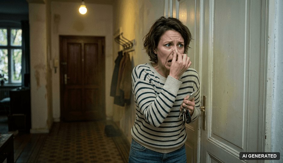 Frau hält sich im Flur einer Wohnung wegen Gasgeruch die Nase zu (KI-generiertes Bild)