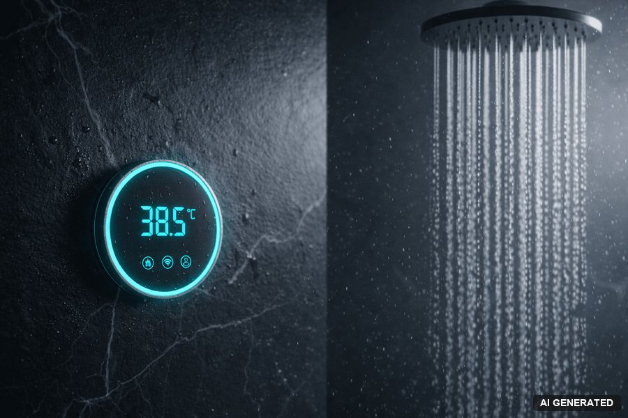 Regendusche mit digitaler Temperaturanzeige (KI-generiertes Bild)