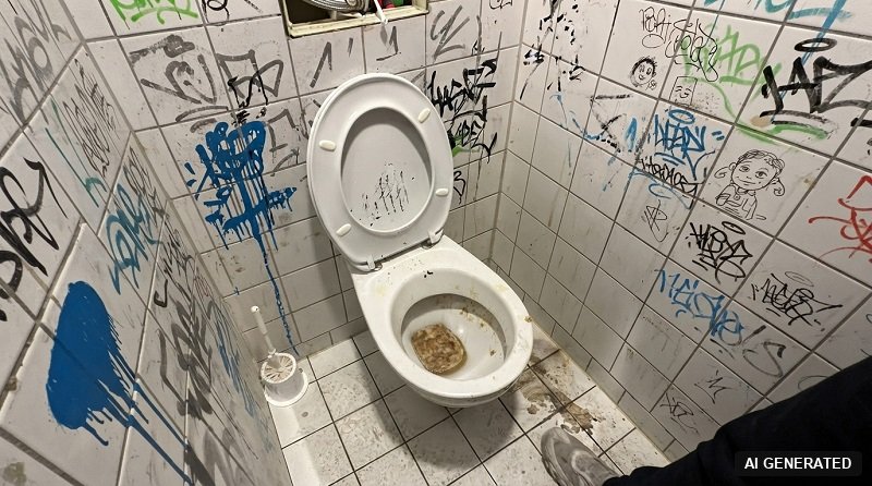 Toilette mit stehendem Wasser in einem beschmierten WC-Raum (KI-generiertes Bild)