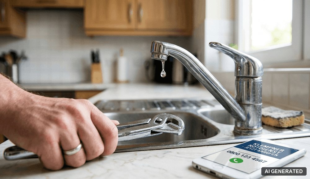 Hand mit Schraubenschlüssel an einem tropfenden Küchenwasserhahn (KI-generiertes Bild)