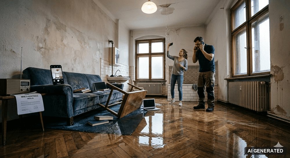 Überschwemmtes Wohnzimmer einer Mietwohnung, zwei Personen begutachten den Wasserschaden (KI-generiertes Bild)