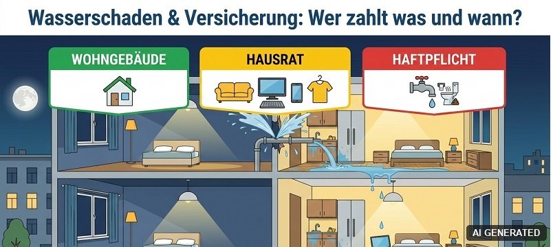 Grafik: Welche Versicherung bei einem Wasserschaden zahlt, Wohngebäude, Hausrat oder Haftpflicht (KI-generiertes Bild)